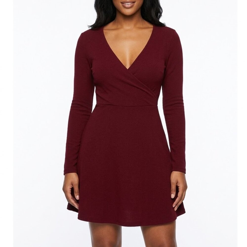 American Apparel Burgundy Ponte Long Sleeve Wrap Mini Dress L